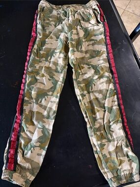 Guess Kids Green Camo Joggers with Red Side Stripe